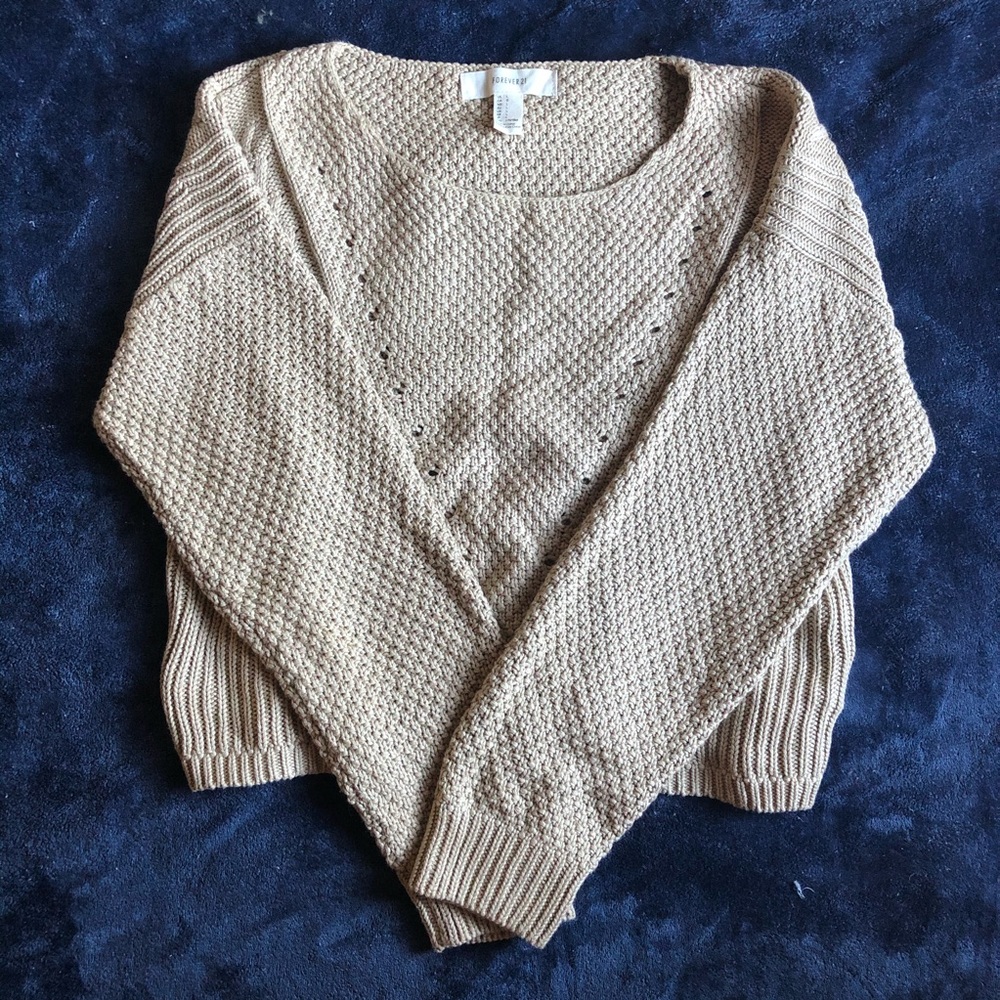 F21 Oatmeal Cropped Ribbed Cable Knit Sweater - Picture 2 of 6